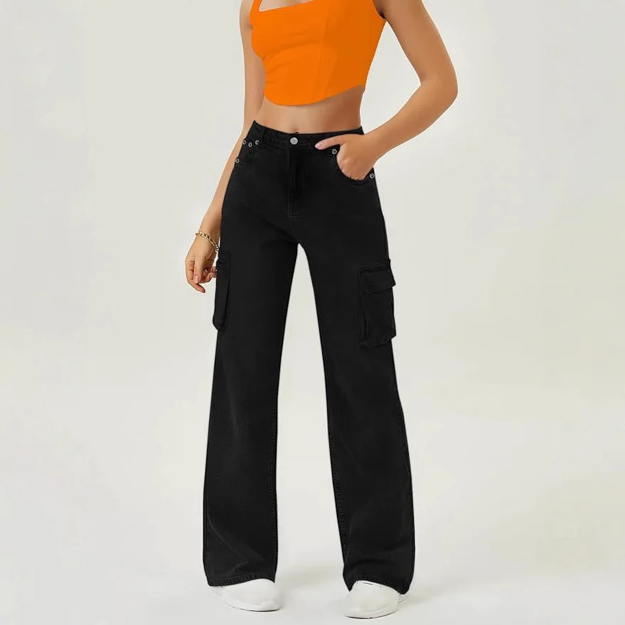 Women Blue Solid Color Multi Pockets Simple Basic High Waist Straight Jeans Pants Female Vintage Fashion European Denim Trousers