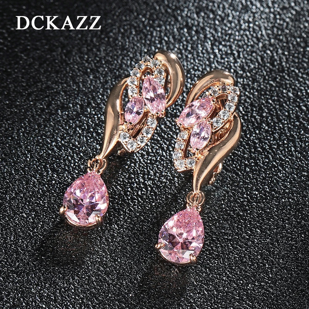 

DCKAZZ New Pink Zircon Eardrop Classic Retro 585 Rose Gold Color Earring Exquisite Luxury Woman Crystal Jewelry