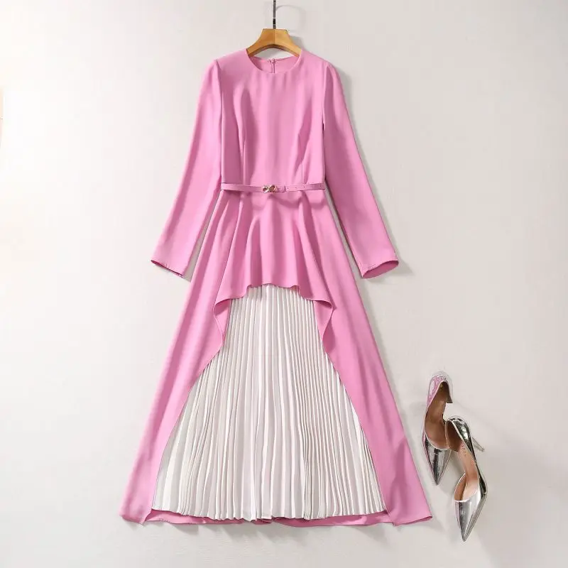 Princess Kate Middleton Dress New High Quality Runway Woman Dress O-Neck Long Sleeves Elegant Contrast Color Pleated Dresses NP