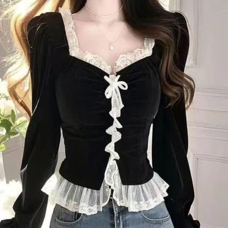 Autumn and Winter Black Velvet Shirt Fashion New Long Sleeve Chic Top