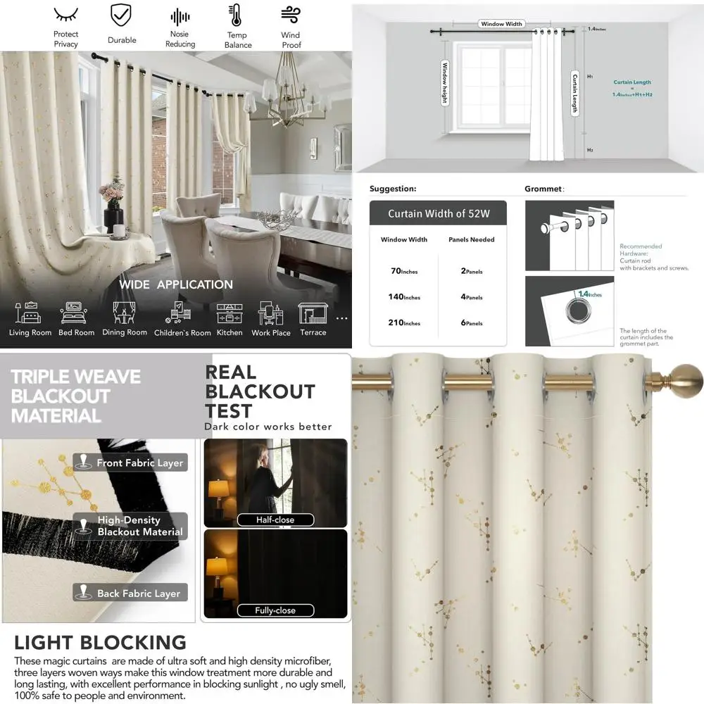 

Thermal Insulated Constellation Curtains, Light Beige, 52x95 Inches, Room-Darkening Panels for Home