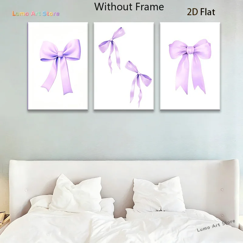 2D Flat 3-Panel Purple Ribbon Bow Art Decor Canvas Painting, Wall Art Canvas Print, Living Room Home Decoration, F