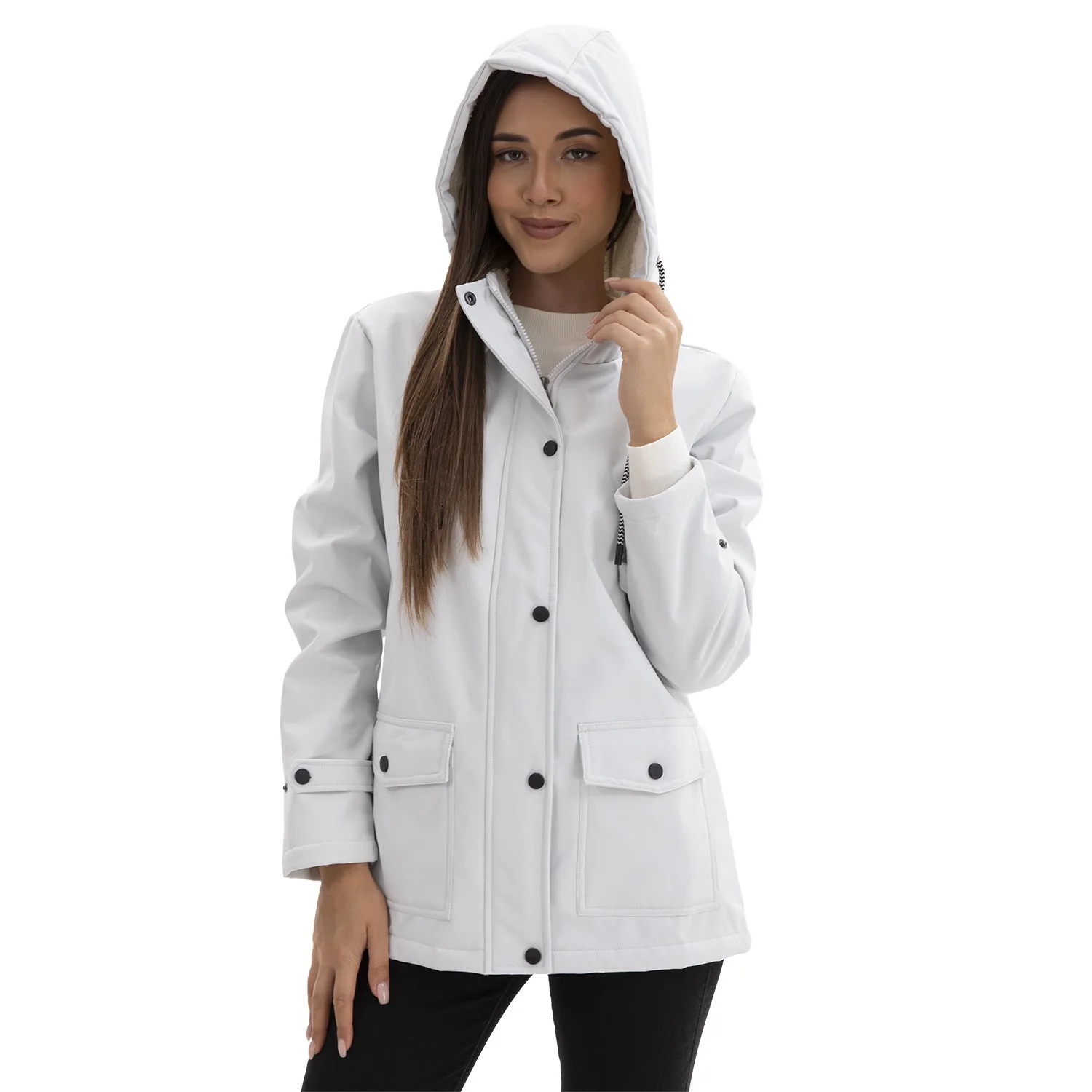 

New Women's Spring And Autumn Hooded Trench Coat Composite Fleece Anti-splashing Jacket Size Long Sleeve