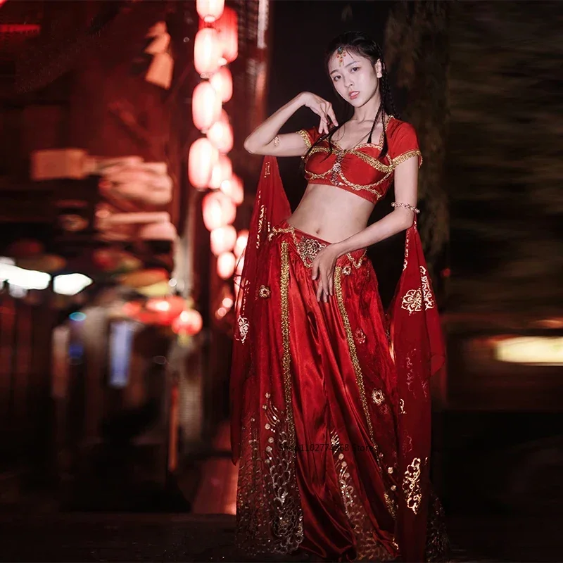 

Танец живота Джин Жасмин Арабская танцовщица живота Принцесса Аладдин Необычные наряды Костюм Хэллоуин Комплект из 2 предметов (топ Брюки)