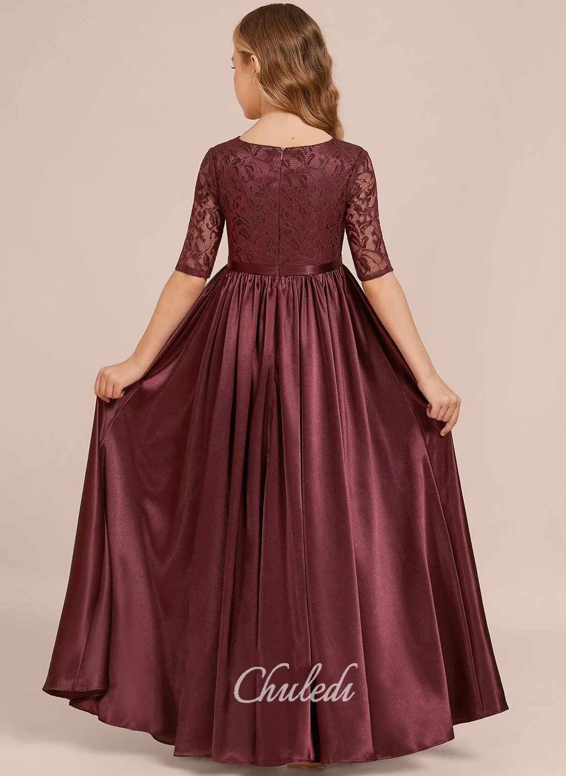 A-line Scoop Floor-Length Lace Satin Junior Bridesmaid Dress