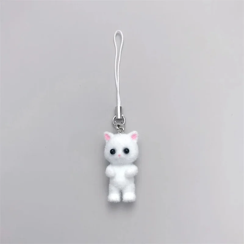 1PCS 3D Cute Plush Resin Cat Pendant Keychain For Women Simple Design Phone Rope Chain Lovely Animal Bag Car Keyring Young Girls