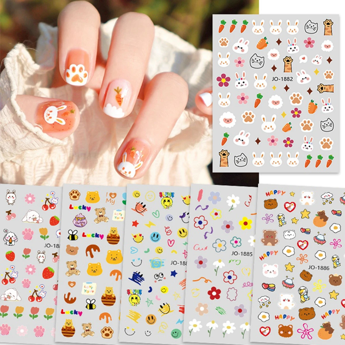 Summer Style Nail Art Sticker Cartoon Animal Little Bear Rabbit Carrots Colorful Flowers Tulip Design Nail Decoration Decals