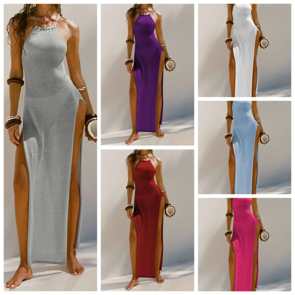 

2025 Sexy 12 Colors High Slit Crochet Knitted Maxi Long Dress Beach Cover Up Beach Dress Women Holiday Party Dresses Beachwear