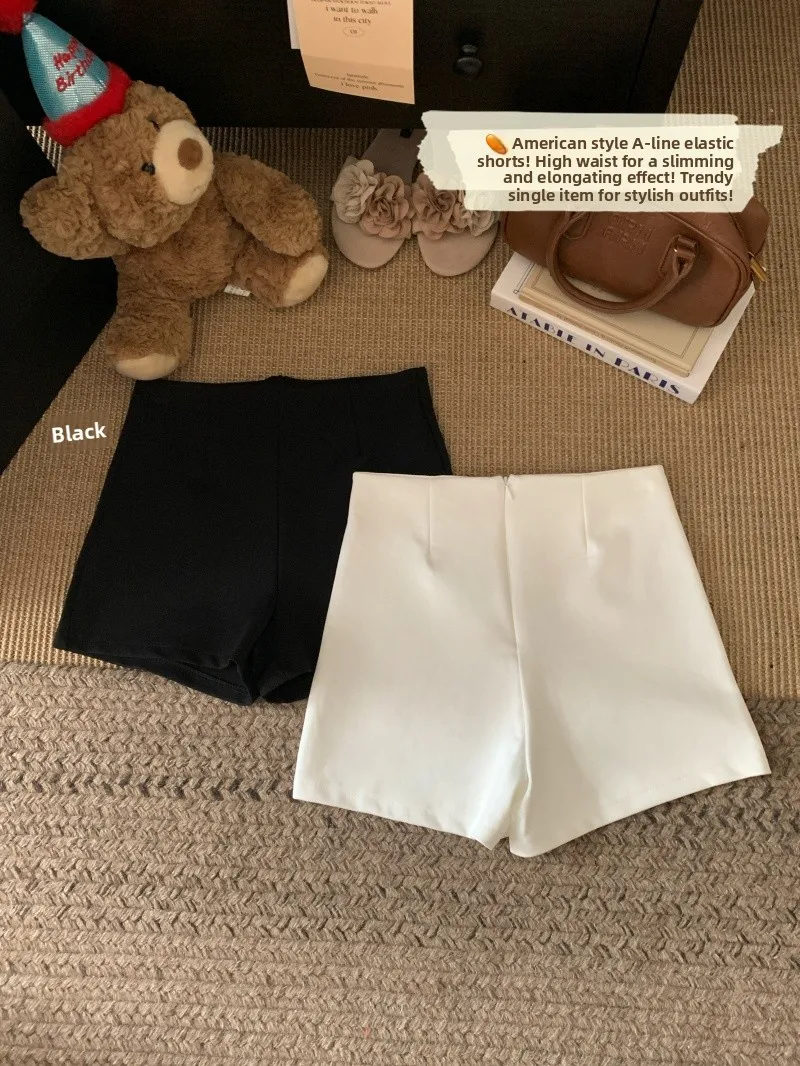

High Waist Straight Leg Casual Shorts Women's Spring Elastic Hot Pants Commute Style Korean Version Color Zipper Fly