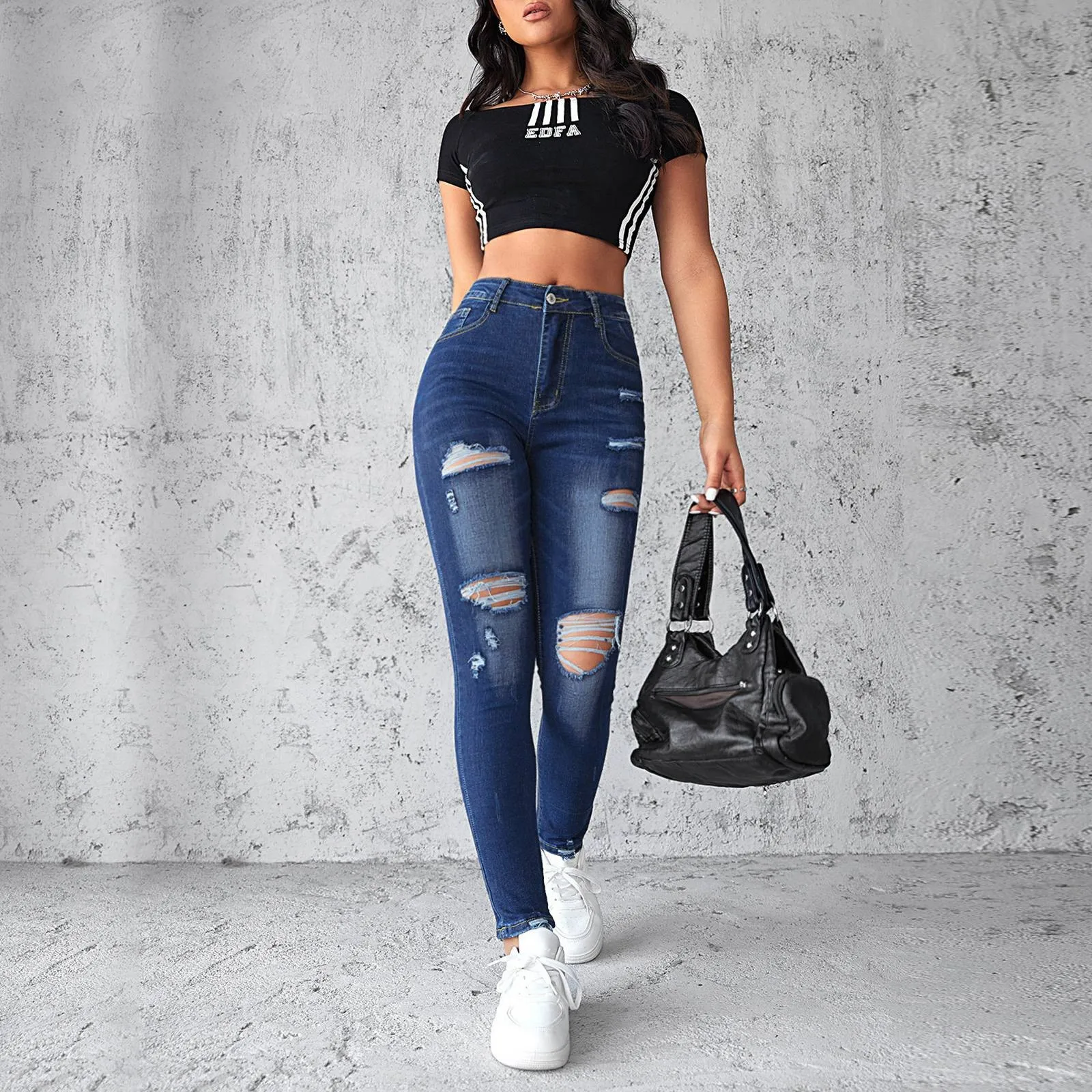 

Women's Holes Jeans Slim Fit Broken Skinny Streetwear Vintage High Waist Tight Pencil Pants Ladies Casual Summer Basic Trousers