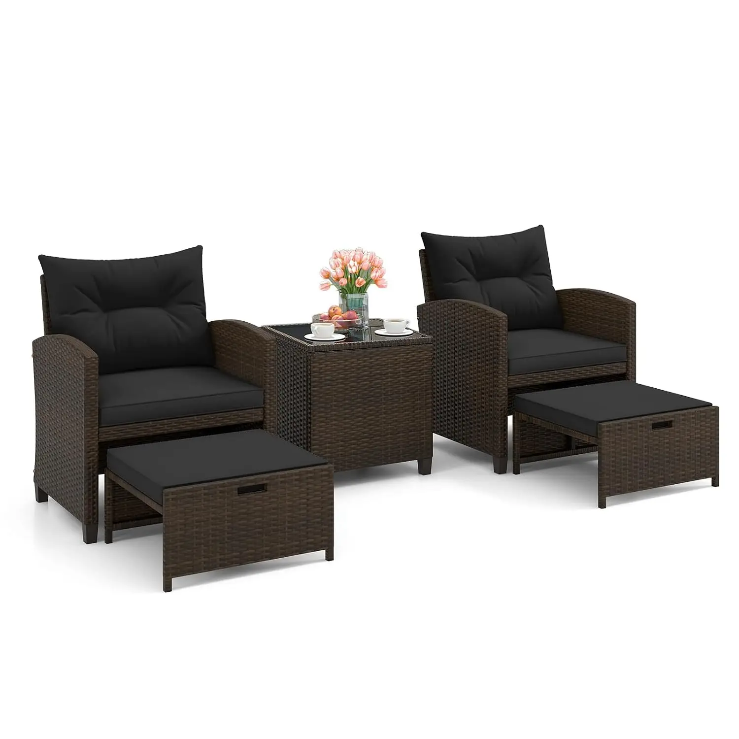 5-Piece PE Rattan Patio Sofa Set with Cushion Ottoman Coffee Table for Garden Poolside, Mix Brown & Black, Customized