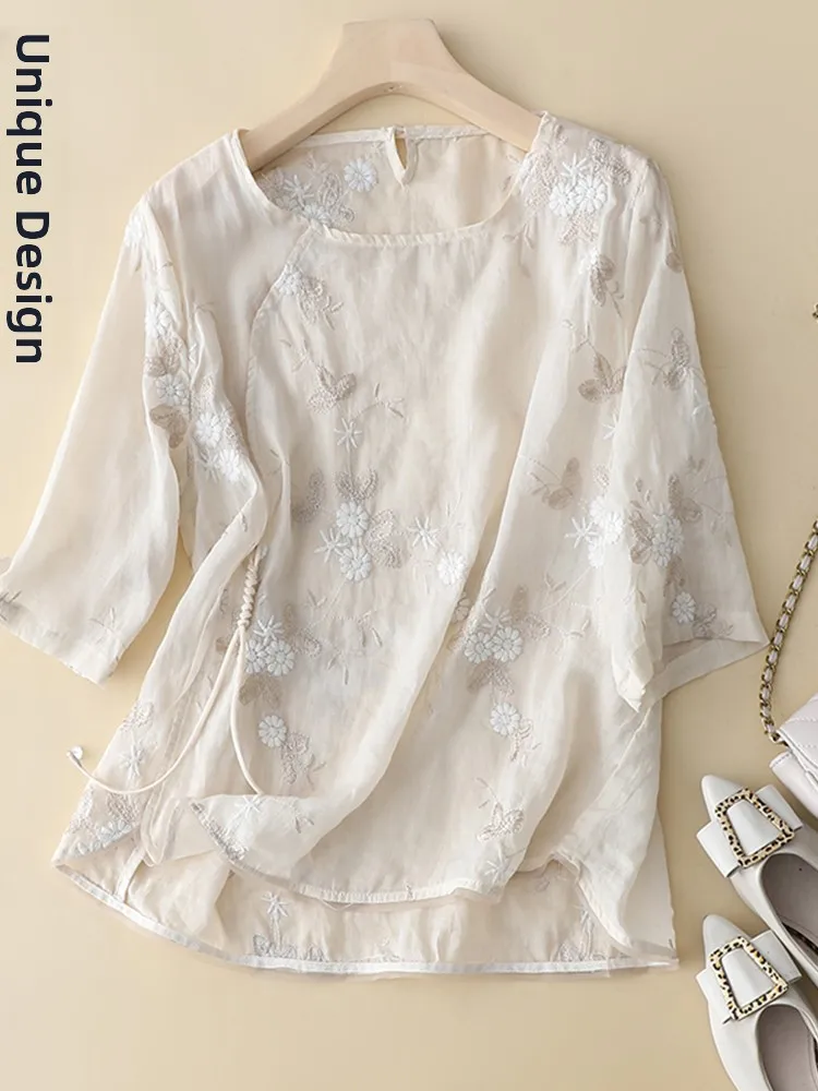 Ele bordado algodão linho ort sve irt feminino trabalho pesado solto ajuste leve verão topo redondo ne design
