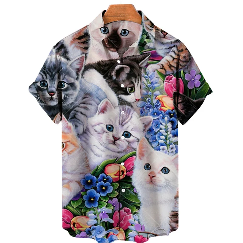 Chemise hawaïenne à manches courtes pour hommes, impression à chaud, illustration de chat 3D, florale respirée, dessin animé Dazn, vêtements originaux, mode Y