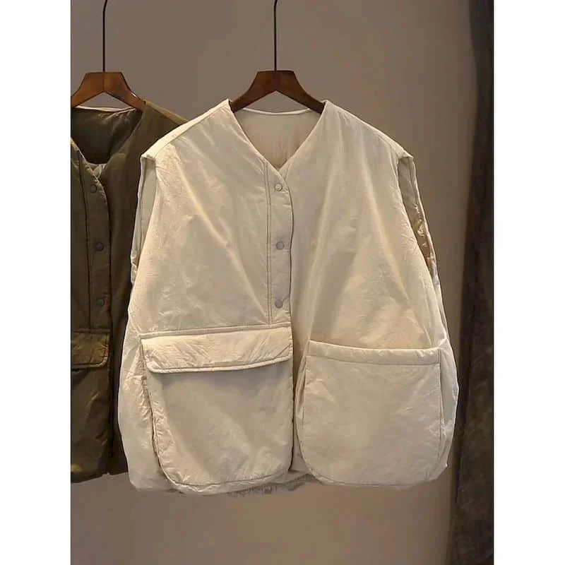 Workwear Waistcoats for Women Single Breasted Vests Stand Collar Casual Sleeveless Cardigans Vintage Jackets Loose Women Tops