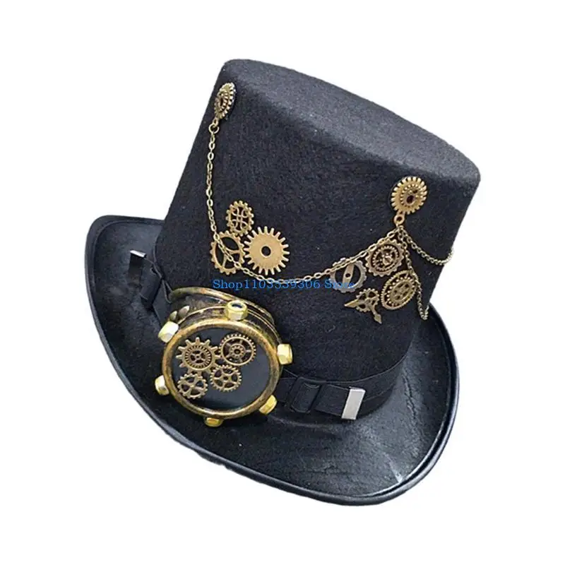

400A Women Steampunk Top Hat with Goggles Halloween Hat Show Cap Unisex Jazzs Cap
