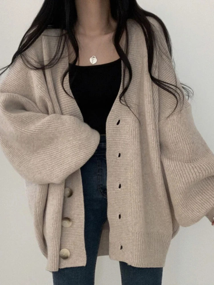 Cárdigan holgado para Mujer, prendas de vestir de punto cálidas con cuello en V, ropa informal de calle alta, ropa de moda coreana de temperamento suave para Mujer