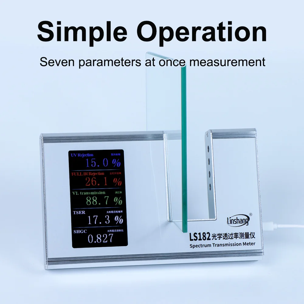 Analizador de transmitancia espectral LS182, puede medir SHGC, calibración automática, UVT de 365nm, IRT de 940nm para películas y vidrios para ventanas.