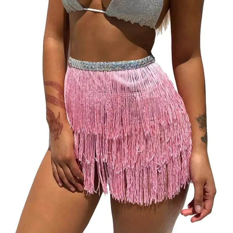 Sexy Women Sequin Tassel Tutu Rave Fringe Belly Dance Hip Scarf Wrap Mini Skirt Club Party Clothing Stage Show