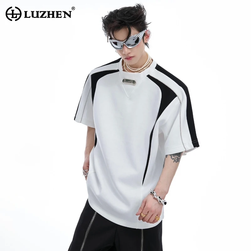 

LUZHEN Stylish Street Color Contrast Design Short Sleeve T Shirts Men's 2024 Summer Fashion Original Shoulder Pad Tops LZ4053