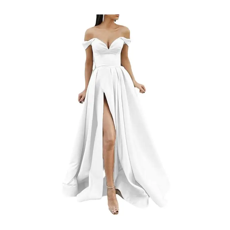 2024년 봄 여성 크로스보더 패션 멀티 컬러 스트랩리스 V넥 백리스 롱 드레스 슬릿 미디 기장 A라인 스커트