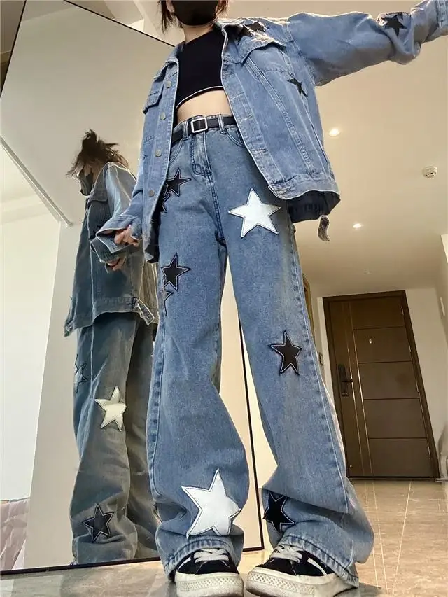 

Baggy Jeans Women Embroidered Lace Up Pearl Beaded Ruffles Artistic Feminine Unique Fashion Aesthetic Chic Comfortable