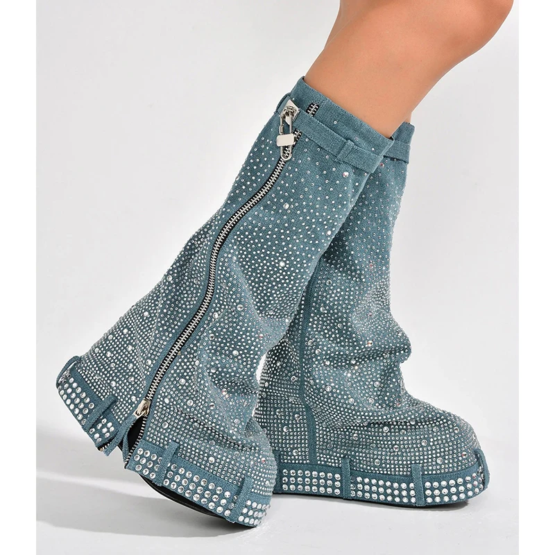 Gypsophila Rhinestones Lock Slip-On Wedge Trouser Boots Woman Winter 2023 Round Toe Knee-High Boot Fashion Luxury Shoes for Wome