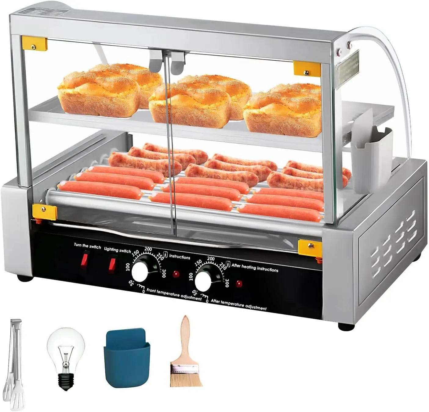 Hot Dog Roller Machine,7 Rollers Sausage Grill Cooker - 1200W Stainless Steel With Double Temp Control, 17 Hot Dogs Capacity,