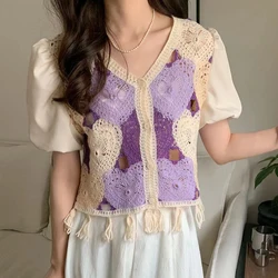 Women Blouse Crochet Knit Top Puff Sleeve Button Front Embroidery Heart Crop Cardigan Summer Teen-girls Fairycore Outfit