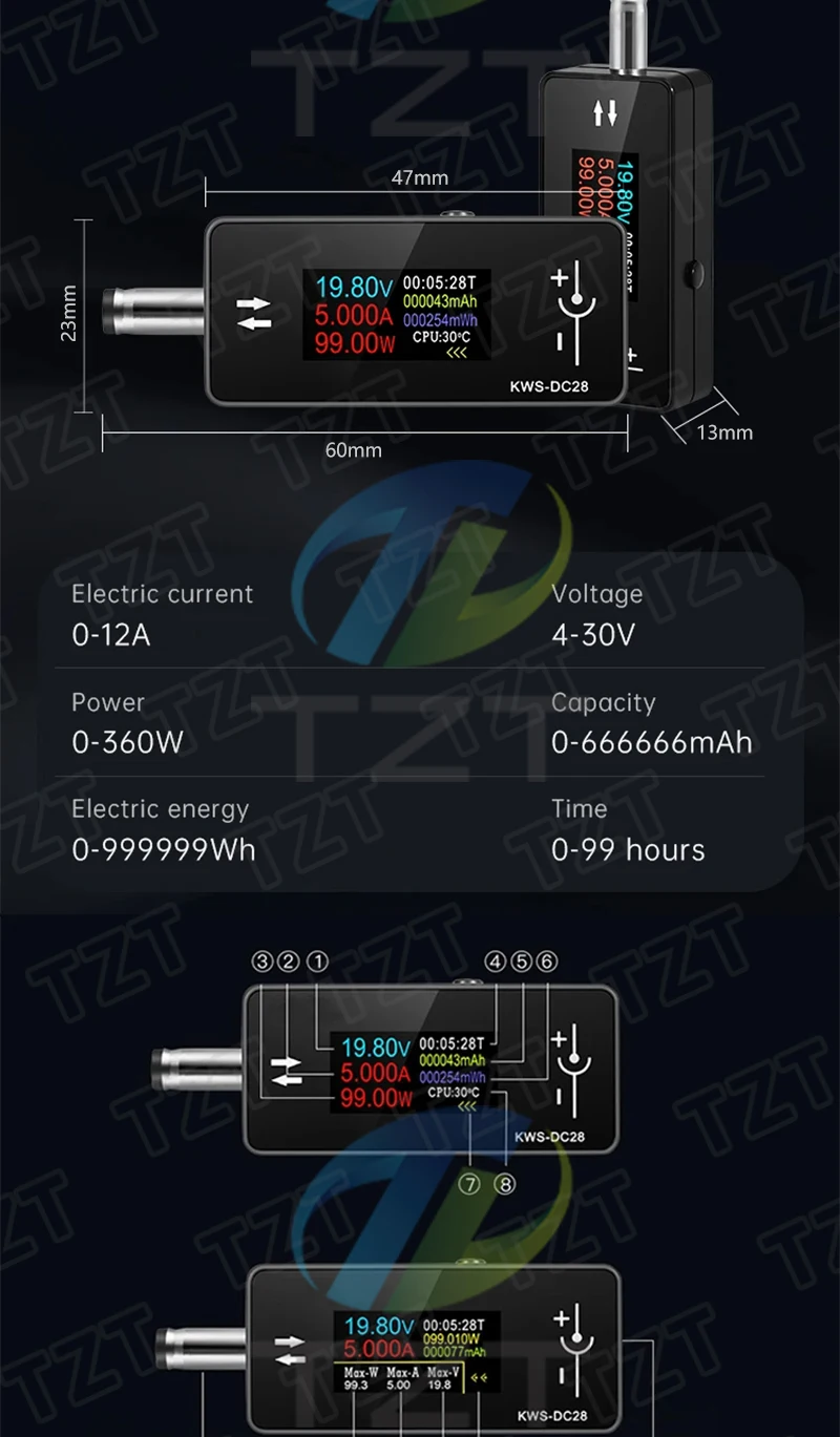 KWS-DC28 0,96 Zoll TFT HD Digitalanzeige DC-Spannungsmesser Leistungsmesser Handy-Ladetester Detektor Elektrikerwerkzeug – Detail 9