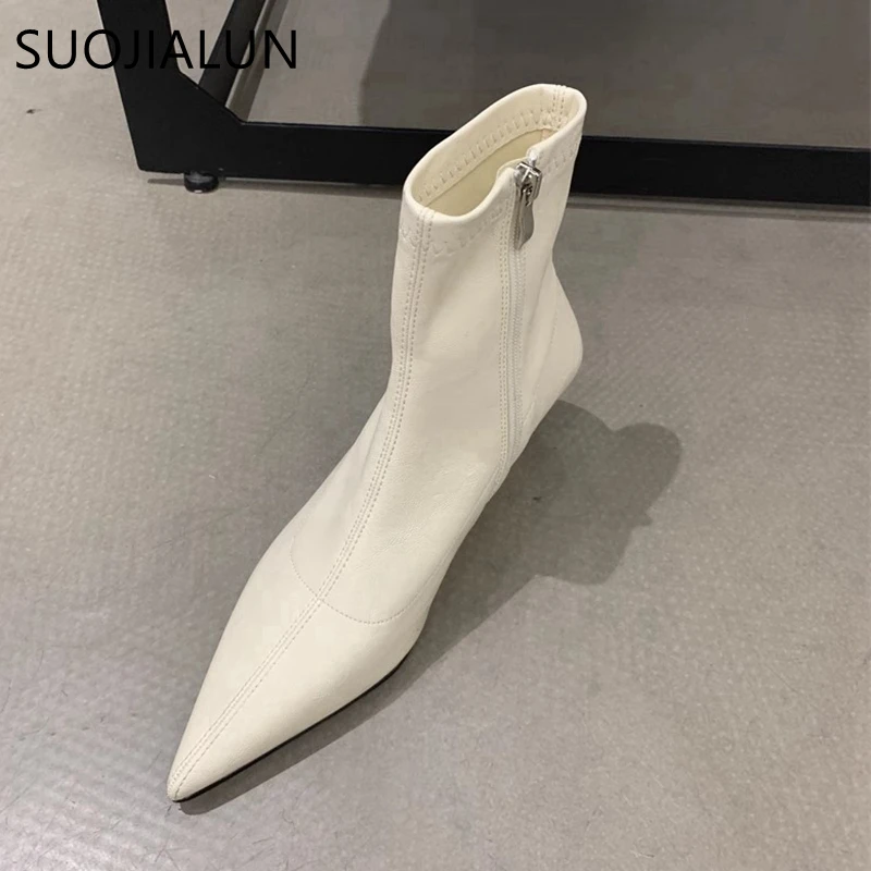 SUOJIALUN 2024 Winter New Brand Women Ankle Boots Fashion High Wedge Heel Ladies Elegant Short Boots Pointed Toe Dress Pumps Sho