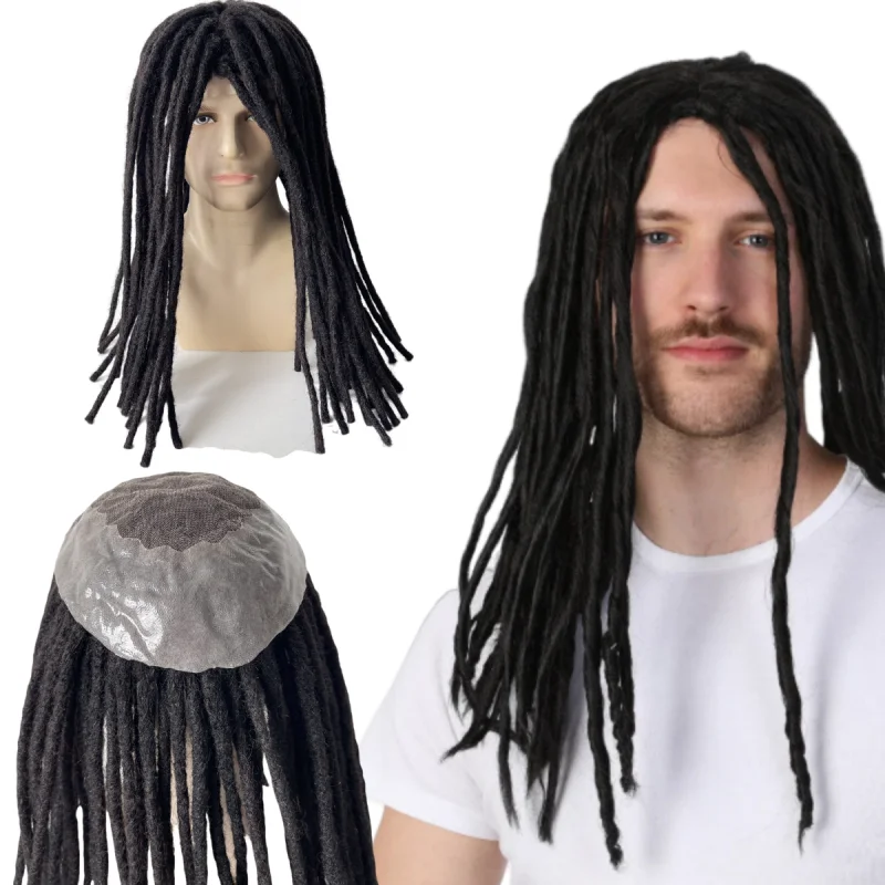 

European Virgin Human Hair Hairpieces 16 inches #1b Black Dreadlcoks Toupee Q6 Front Lace Unit for Black Men