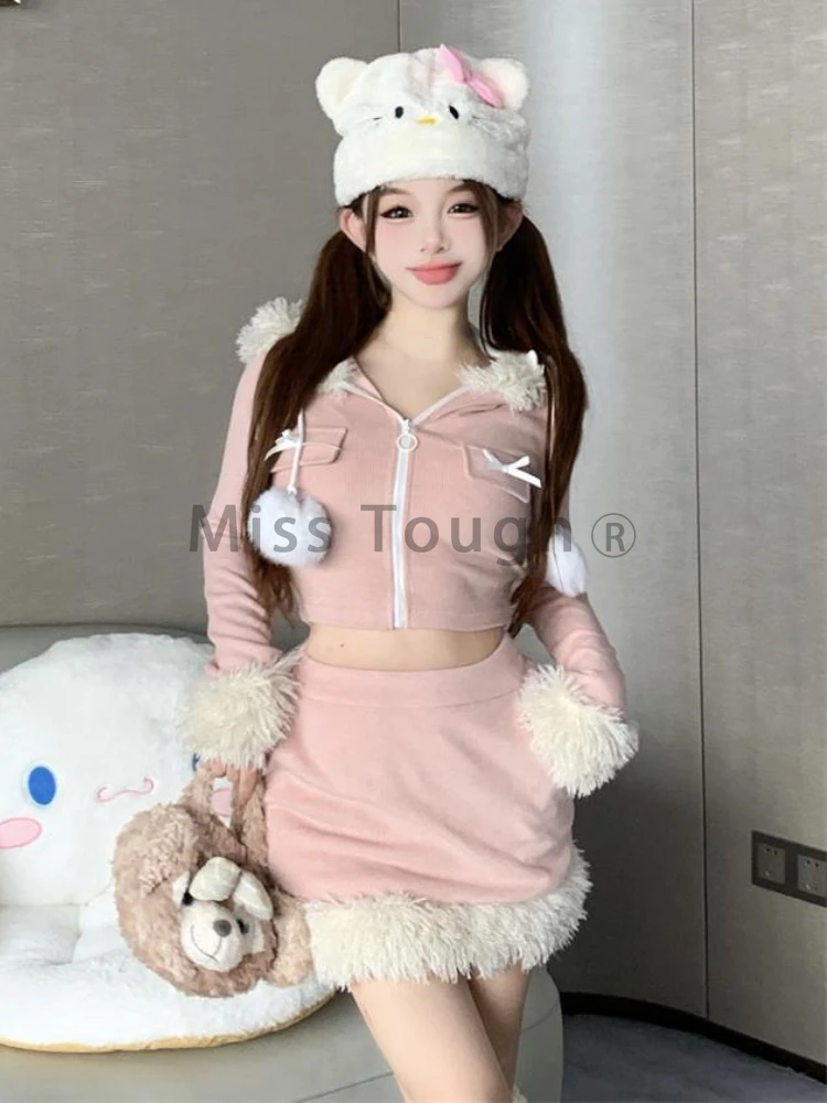 Pink Japanese Kawaii Two Piece Set Women Korean Style Casual Y2k Skirt Suit Female Patchwork Bow Hooded Coat＋Mini Skirt 2023