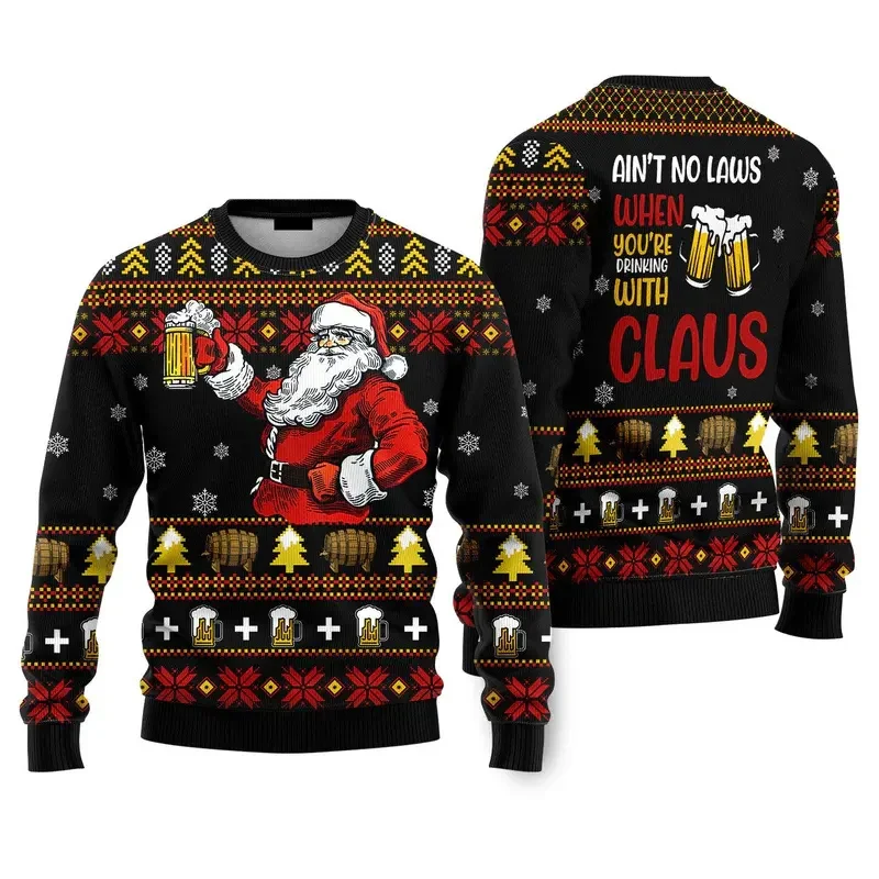 Funny Beer Santa Ugly Christmas Sweater Tops Men Merry Christmas Long Sleeves Pullovers 3d Printed New Year Oversized Sweatshirt