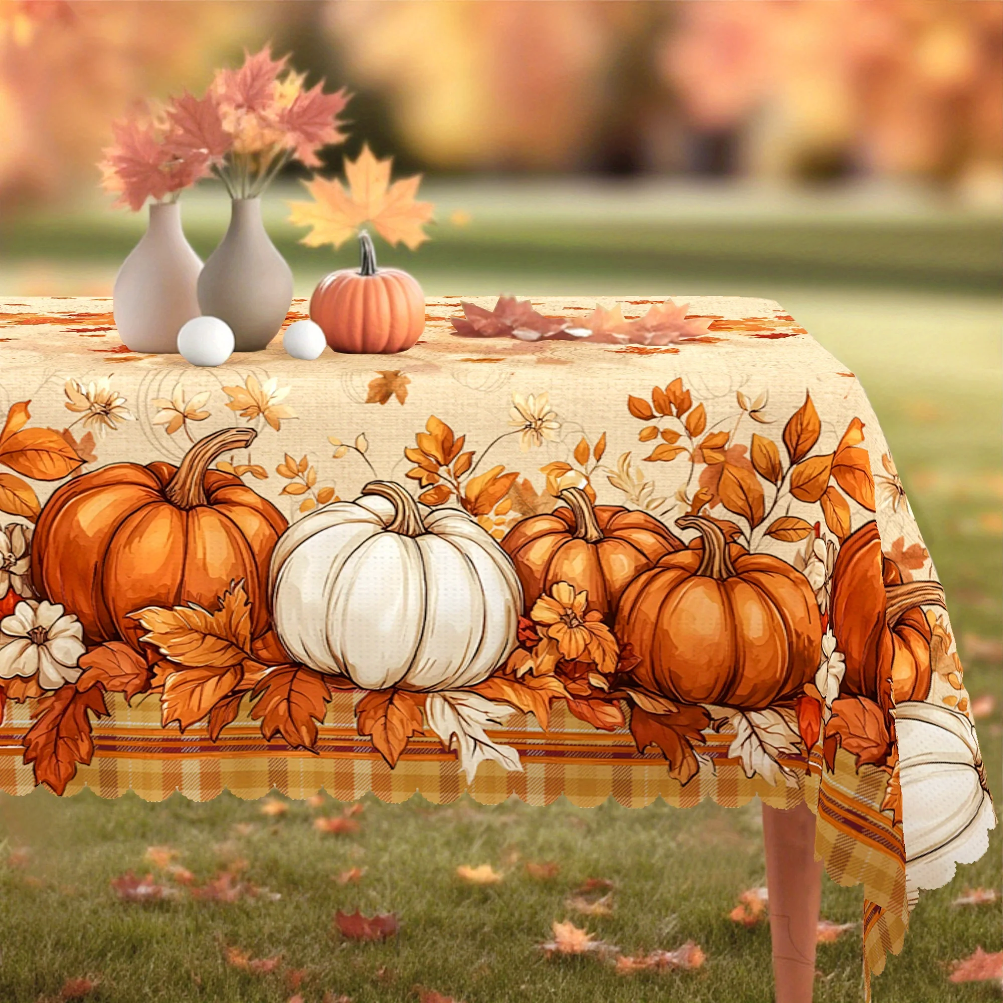 Autumn Farmhouse Tablecloth, Beige & Orange Decor, Pumpkin & Autumn Leaf Patterns, Contemporary & Vintage Style, Available in Round, Rectangle, Oval Shapes, Suitable for Restaurant, Party, Family Dinner, Festival, Outdoor, Picnic