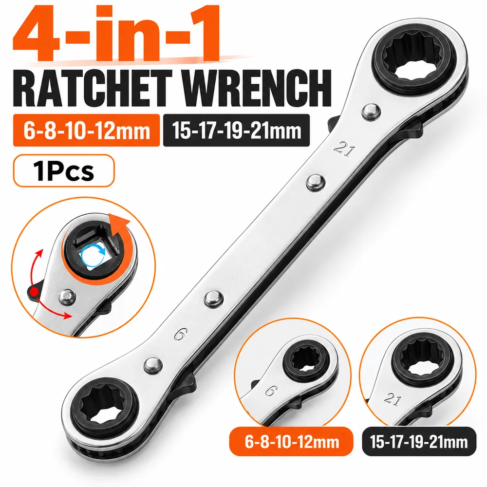 1Pcs 4-in-1 Ratchet Wrench Square Drive 6-8-10-12mm 15-17-19-21mm Adjustable Socket Spanner Reversible Telescopic Flexible