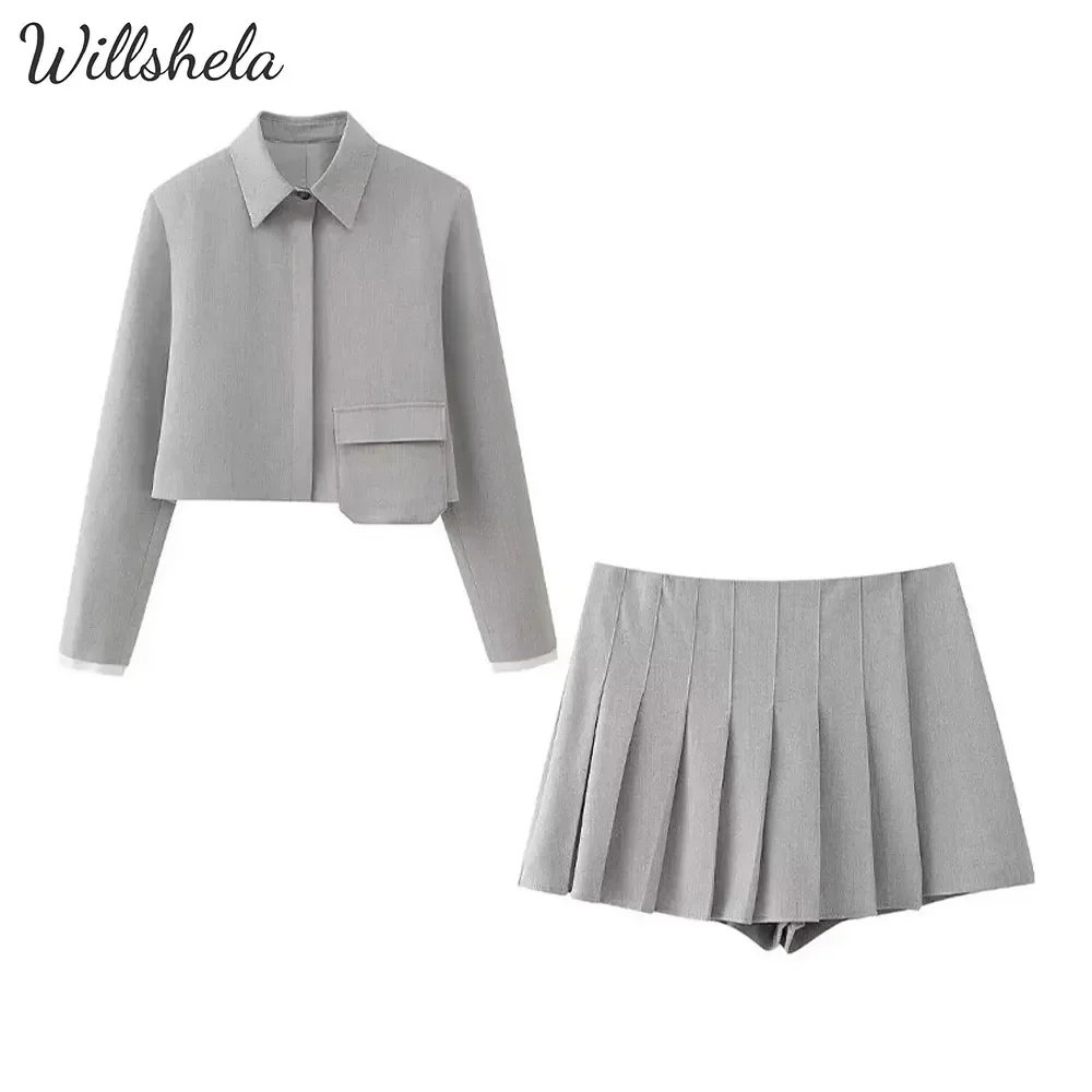 Willshela Women Fashion 2 Pieces Sets Grey Cropped Shirt and Wide Pleated Skort Female Chic Shorts Casual Skirt Coordinates