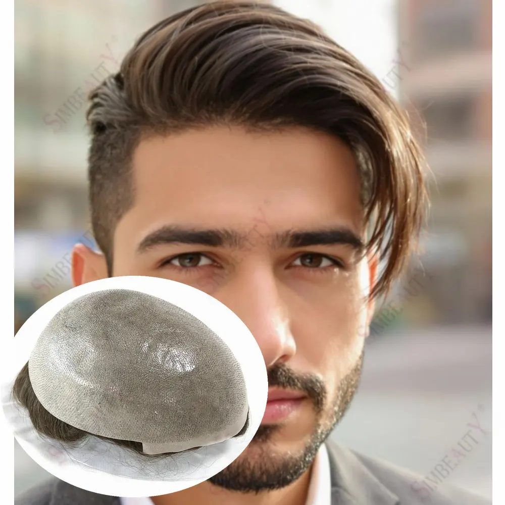 

Vloop Thin Skin 0.06mm Men's Toupee PU Base Grey Blonde 100% Remy European Human Hair Undetectable Front Hair Line Fast Shipping