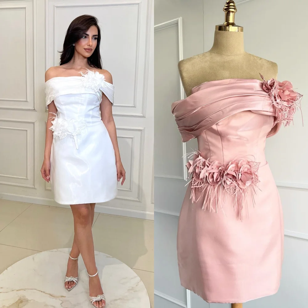 

Customized Exquisite Satin Flower Ruched A-line Off-the-shoulder Knee Length Dresses Homecoming Dresses High Quality Sexy Sparkl