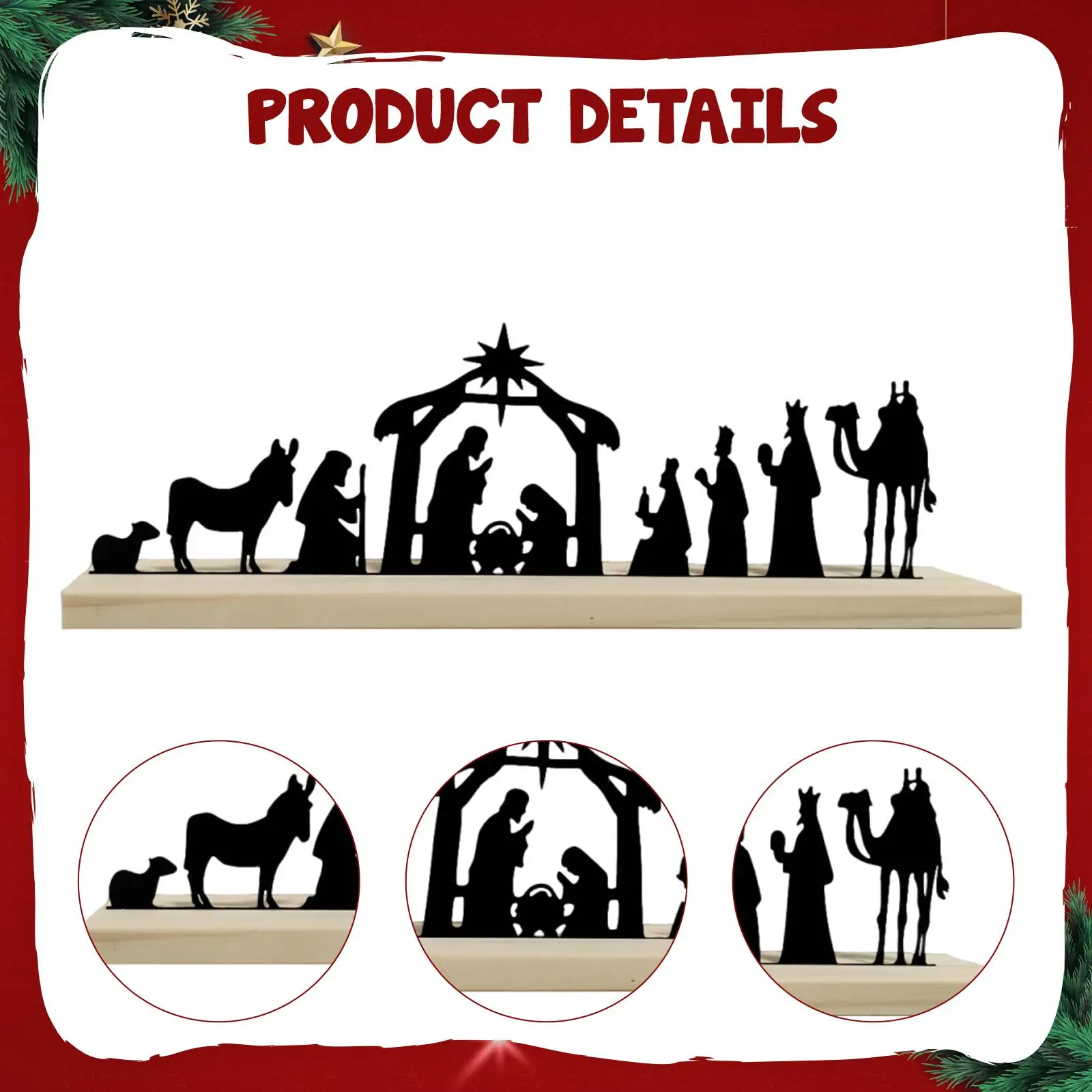 Christmas Nativity Scene Metal Decor Rustic Tabletop Sign with Wooden Base for Interior Decoration and Gift