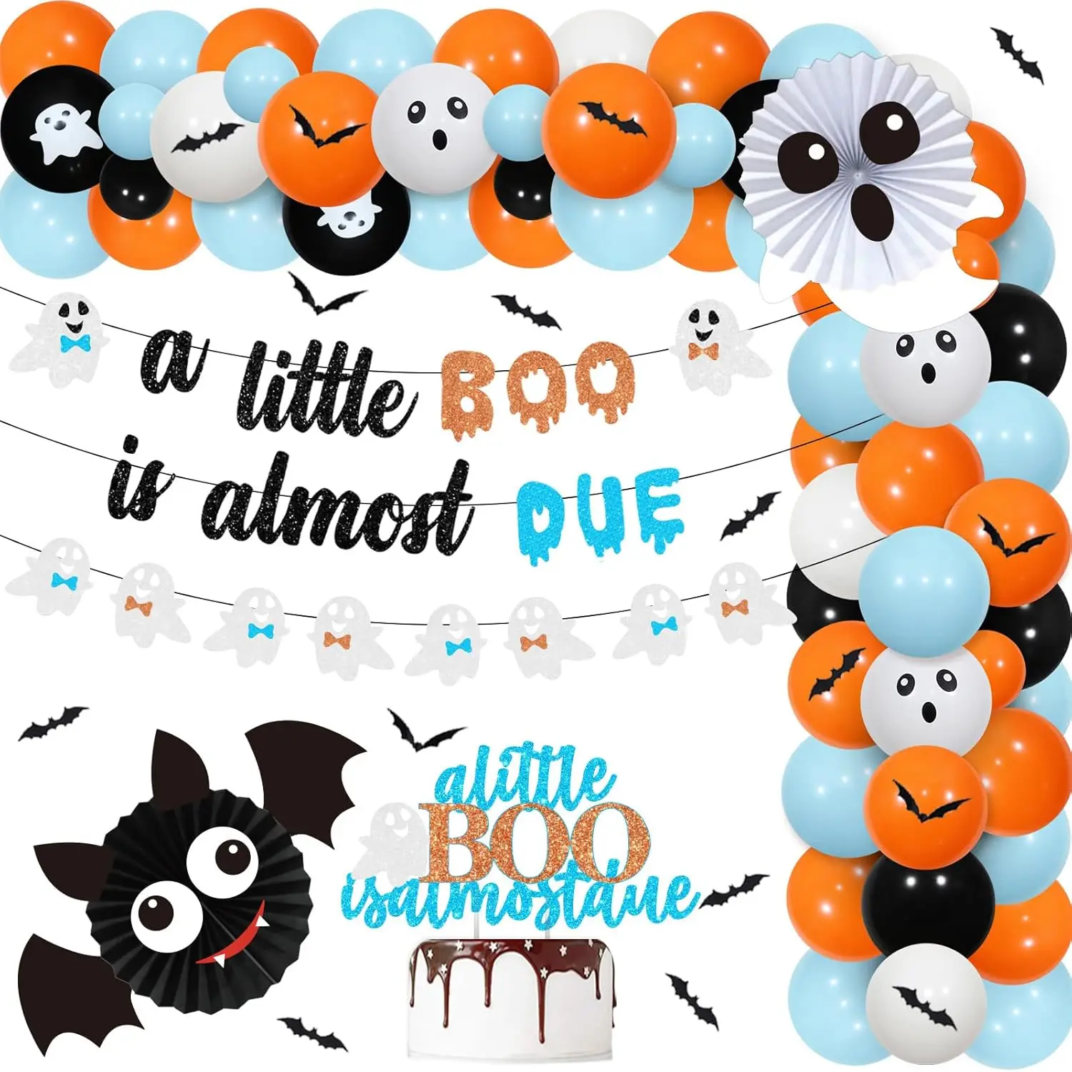 

Kreat4joy Halloween A Little Boo is Almost Due Baby Shower Decorations Blue and Orange Balloon Garland Arch Kit with Banner