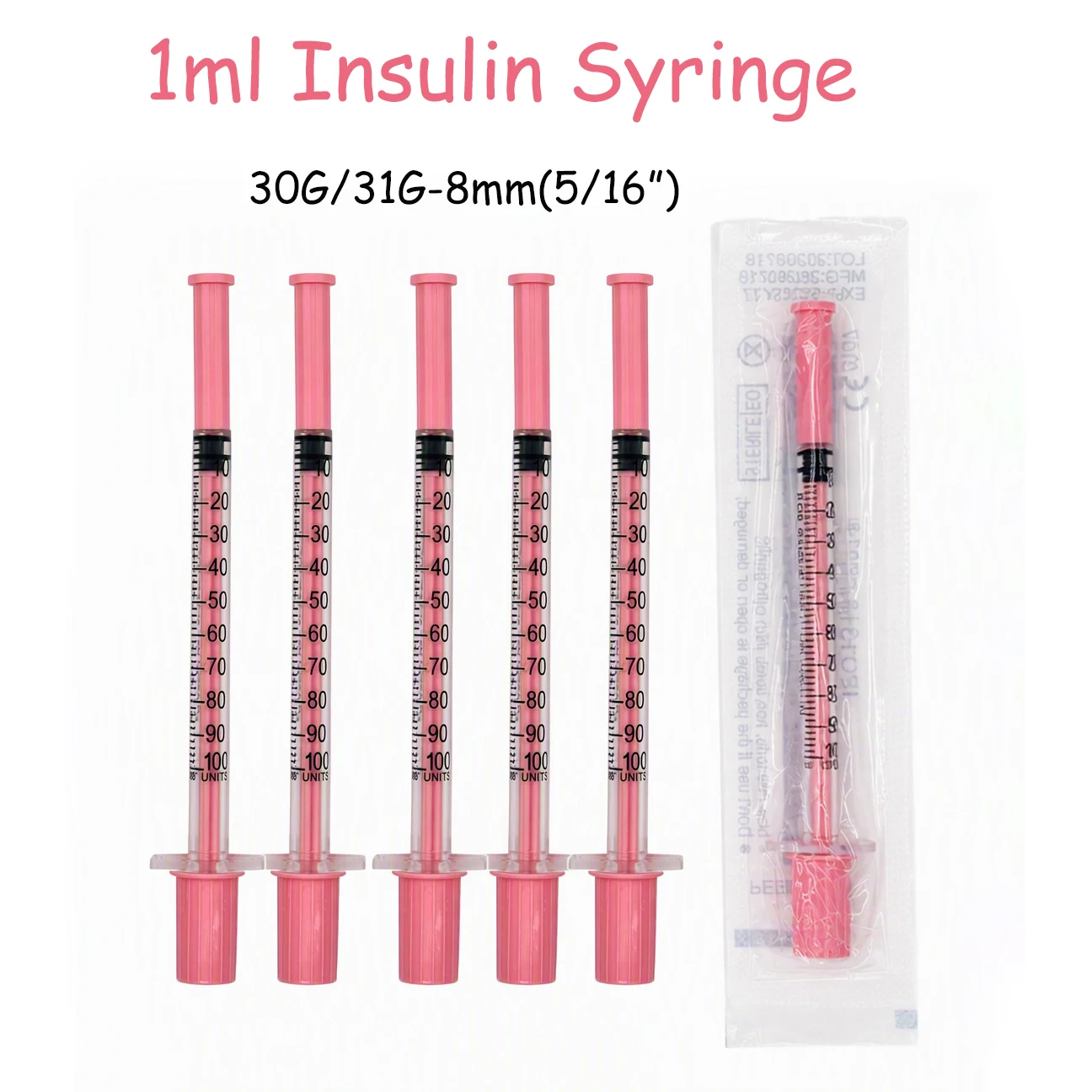 100 Jeringas  Insulina Rosadas  1 ml con Aguja  30G/31G  8 mm, Jeringas Desechables Estériles Envueltas Individualmente  Labora