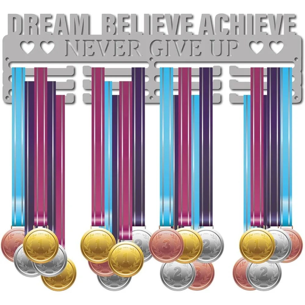 Medal Holder Display Hanger Rack Sports Dream Believe Achieve Never Give Up Over 60 Medals Silver 15.7 x 4.7 Inch