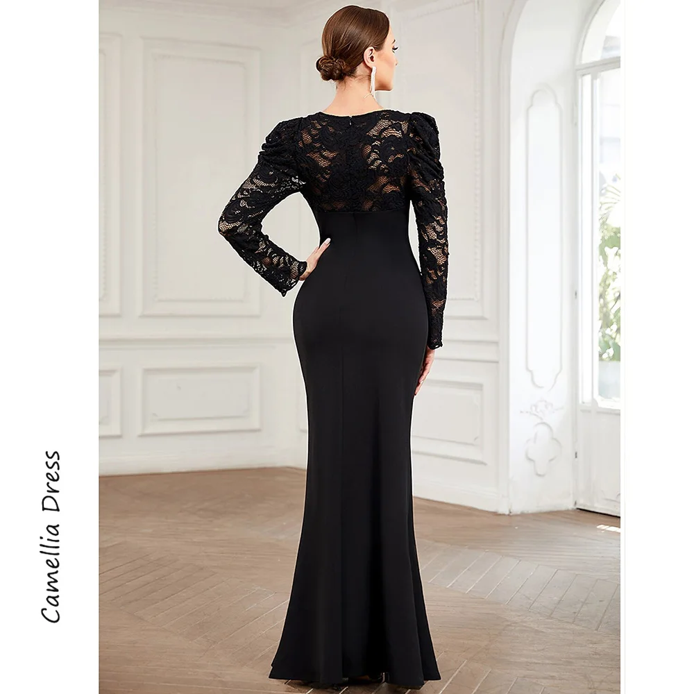 Vintage A Line Evening Dresses Simple Long Sleeve Party Dresses V Neck Lace Formal Dresses Vestidos De Fiesta فساتين السهرة