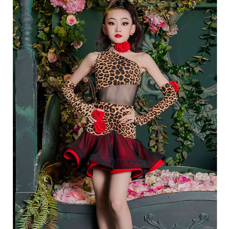 Vestido de actuación con estampado de leopardo para niños, red de práctica para niños, rojo, latino, entrenamiento para niñas, dr