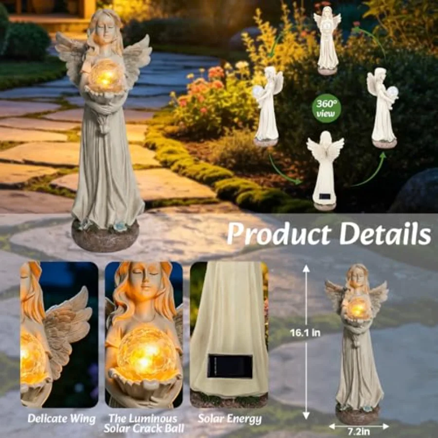 Angel Statue Outdoor - Angel Solar Garden Statues with Crackle Glass Ball LED Light, Resin Angels Memorial Figurines Light, Ang