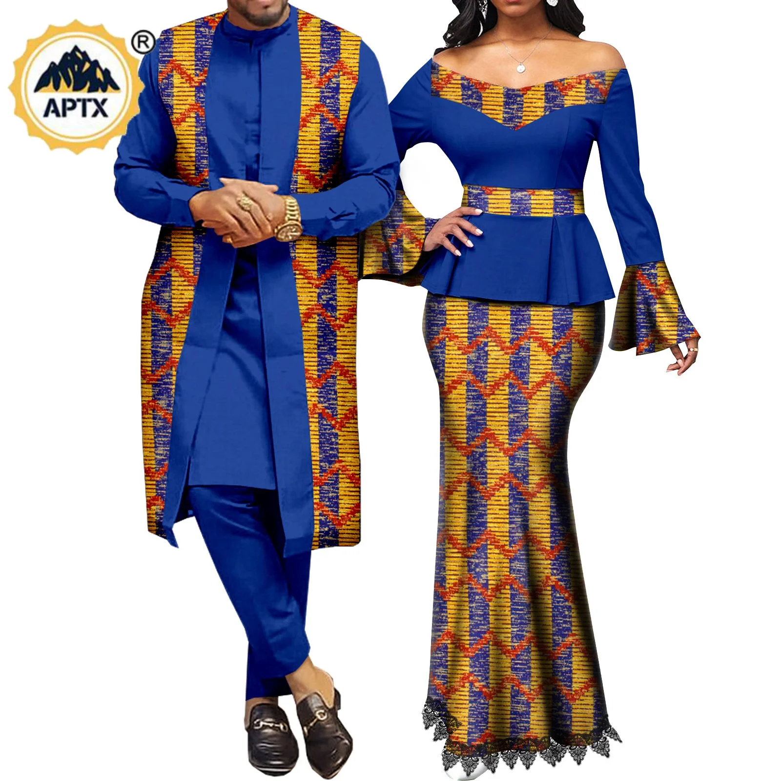 Vestiti africani per le coppie abiti coordinati Metallic Women Print Top in pizzo e gonna a sirena set Dashiki Men Outwear Y22C041