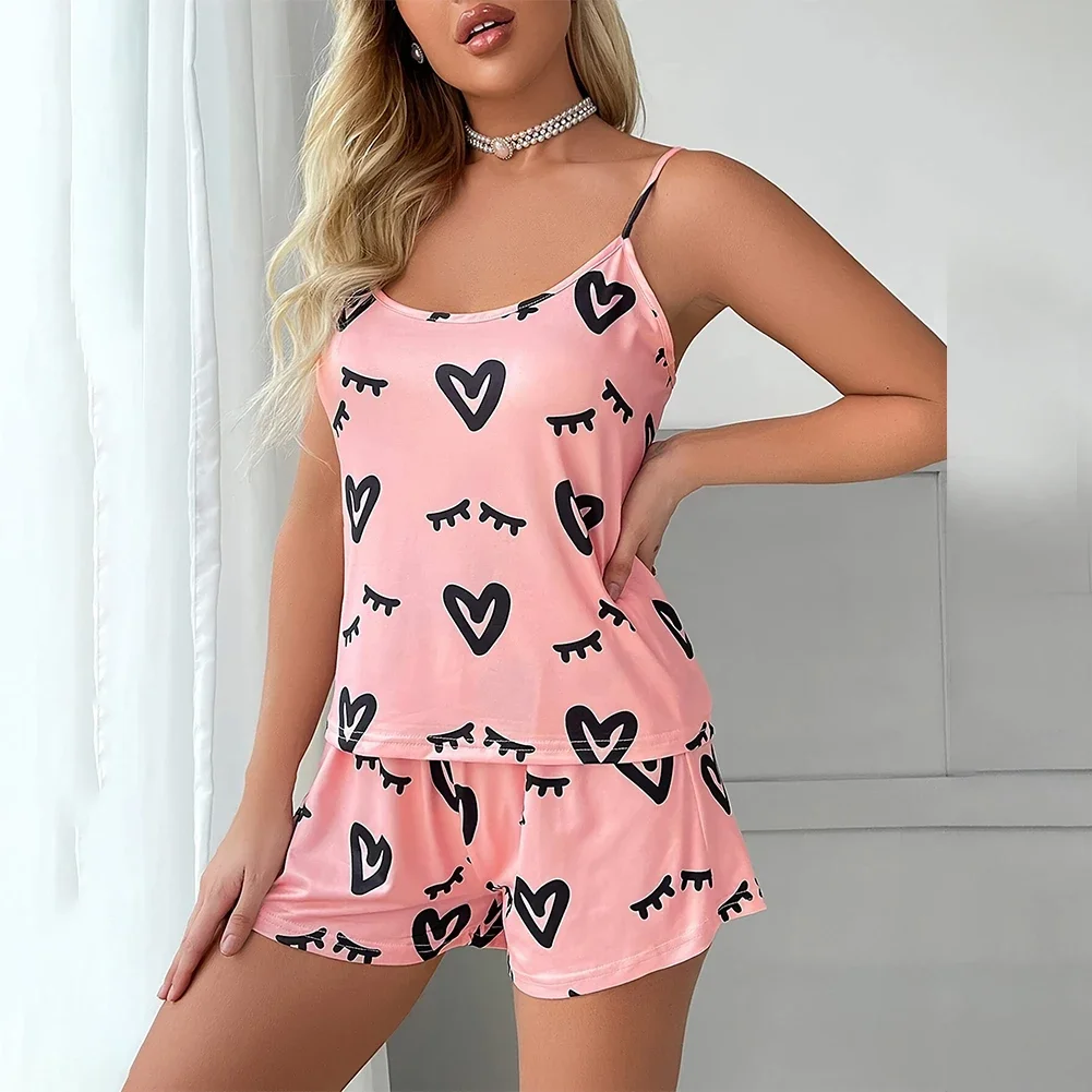 Ensemble de pyjama sexy en satin soyeux pour femmes, vêtements de nuit à imprimé d'amour, lingerie 2 pièces, haut en fibre, short lisse, vêtements d'intérieur décontractés, mode