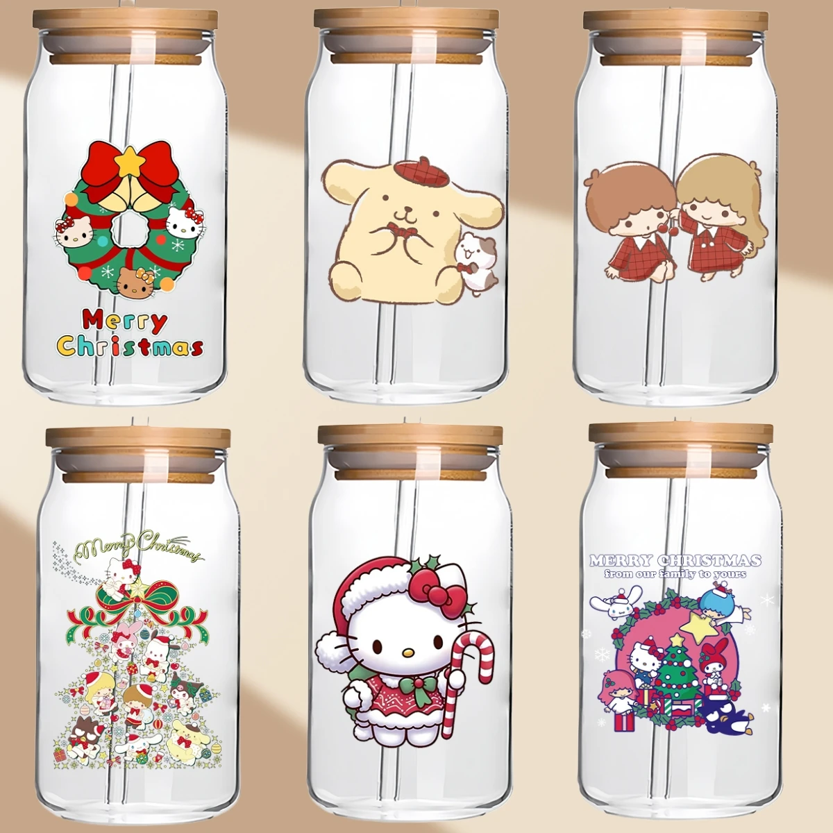 

Рождественский Kawaii Hello Kitty Kuromi Pompompurin My Meloddy, 6 см, наклейки на чашку, декор, мультяшная аниме, самоклеящаяся кружка, вечерние наклейки