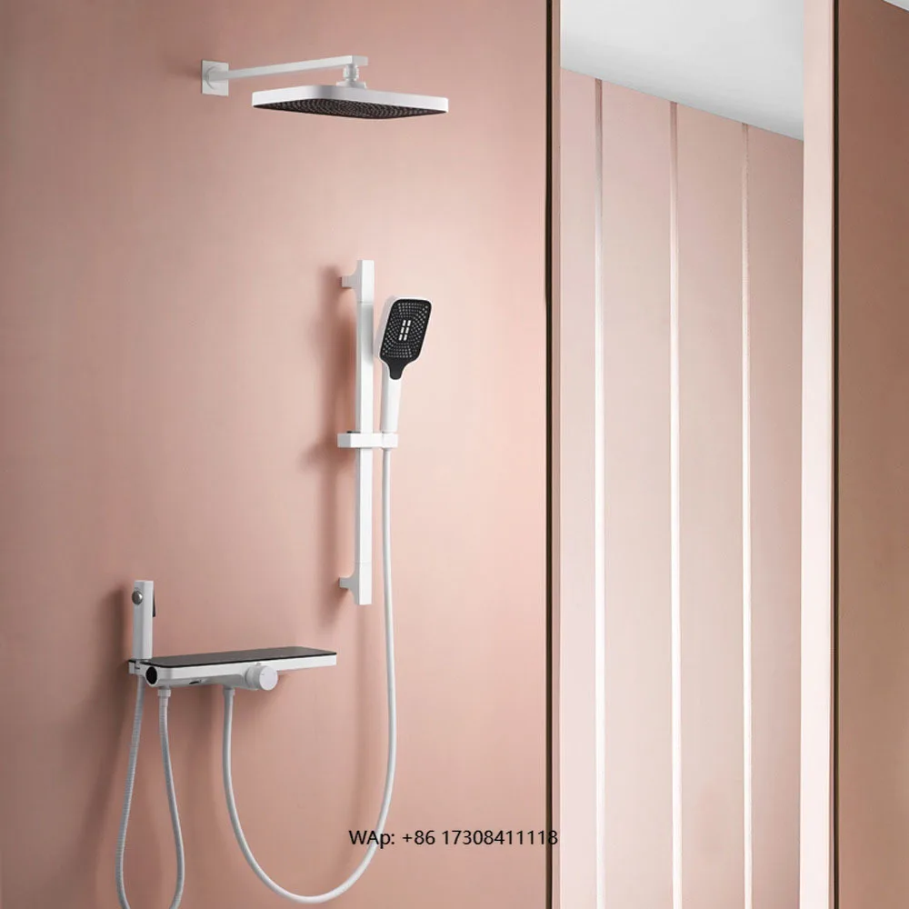 

White Shower Set for Home Bathroom Concealed Rain Shower Storage Simple Shower Head All Brass with Pressure Spray