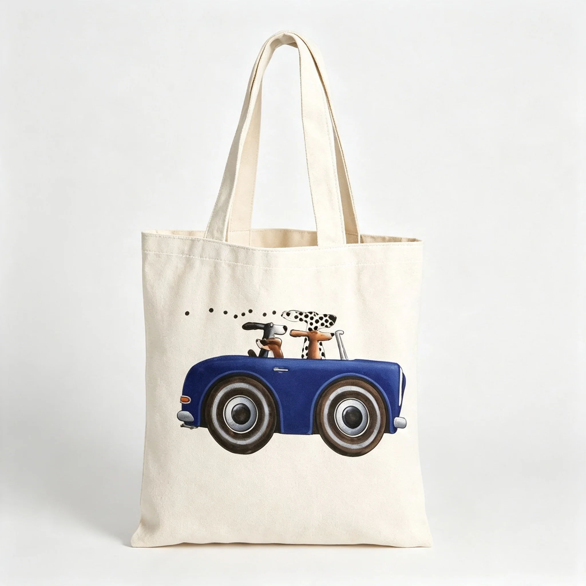 Cute Dachshund Dog Driving Vintage Blue Car Print Canvas Tote Bag Casual Large Capacity Shopping Shoulder Bag for Women Daily